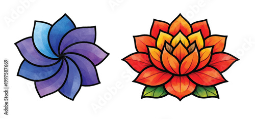 Set of two stylized watercolor flower illustrations featuring a cool blue swirl blossom and a warm orange lotus mandala with thick ink outlines isolated on a white background
