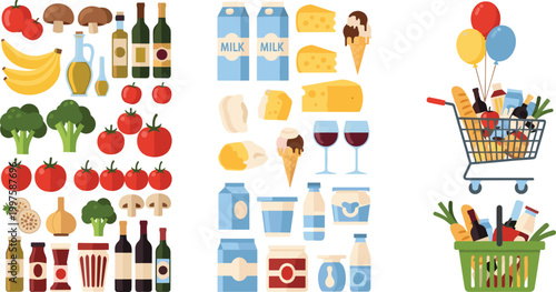 Large collection of grocery supermarket vector icons featuring fresh produce, dairy, wine, shopping cart, and basket for food retail, delivery service, and healthy lifestyle designs.