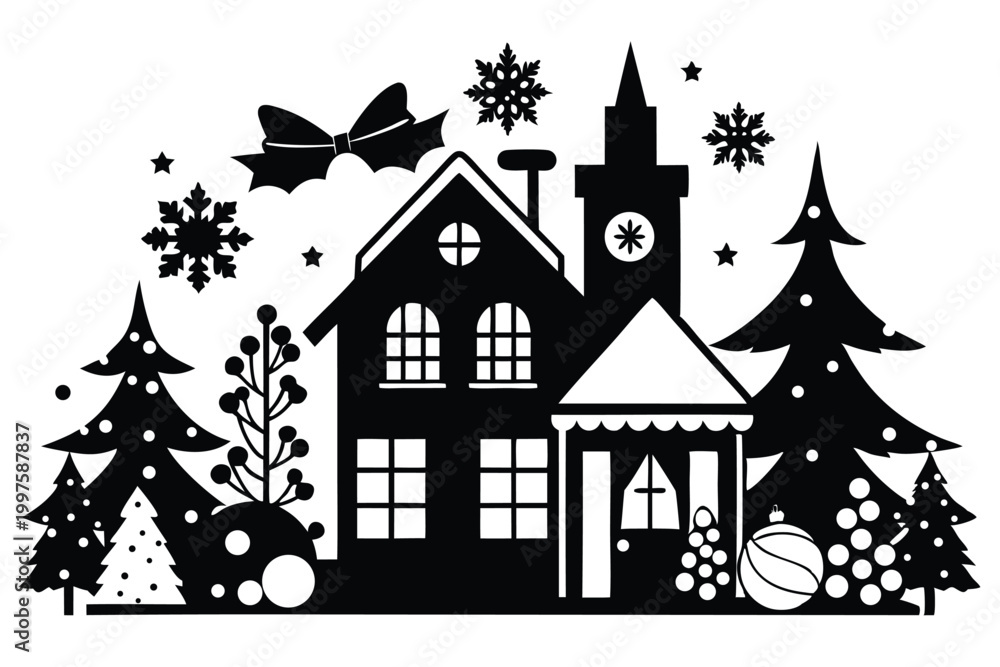 Fototapeta premium christmas winter and house silhouette line art vector illustration with a white background