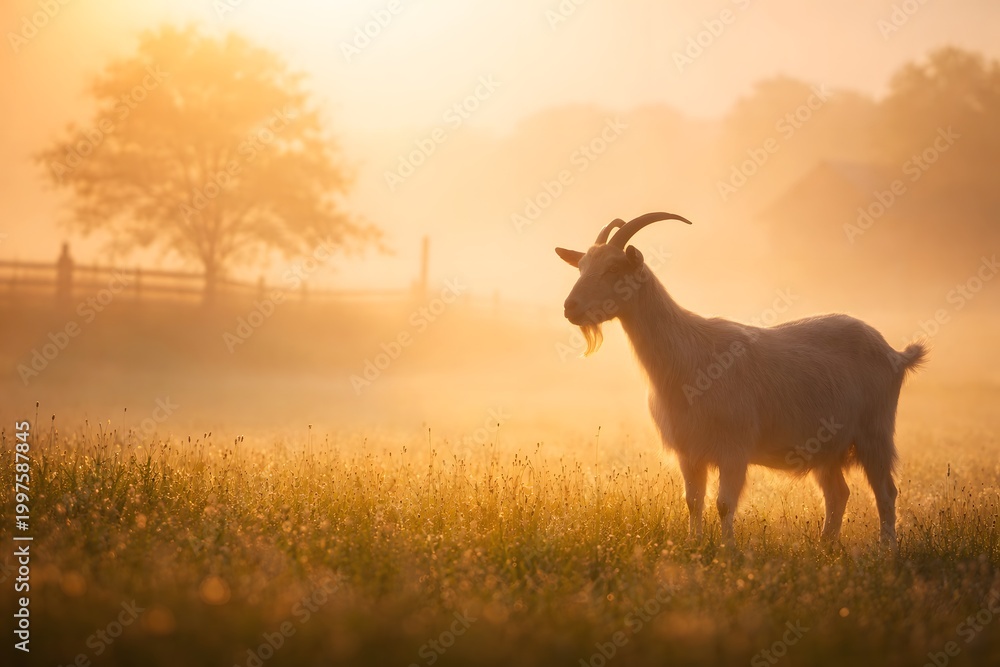 Obraz premium Majestic Goat Silhouette Standing in a Golden Misty Meadow at Sunrise