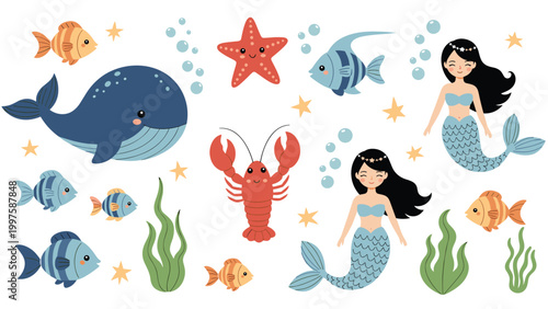 Underwater sea life illustration features a large whale lobsters fish mermaids and starfish among bubbles and kelp.