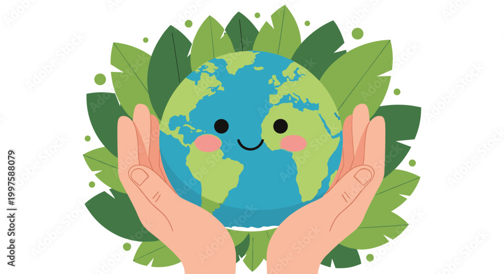 Obraz premium Two human hands gently holding a cute smiling cartoon earth planet surrounded by green leaves for an environmental concept.