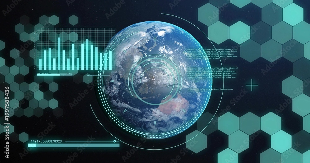 Fototapeta premium Scanning rendered Earth globe in orbital HUD interface, displaying reticles, hex tiles, bar chart