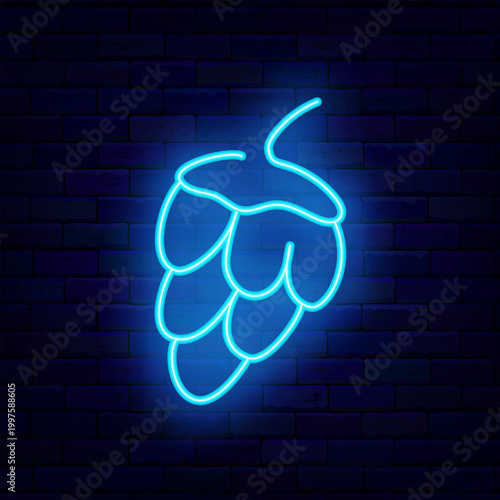 Hop cone neon icon. Plant for beer. Traditional Germany event. Alcohol party. October evening. Shiny greeting card. Light advertising. Editing text. Vector stock illustration