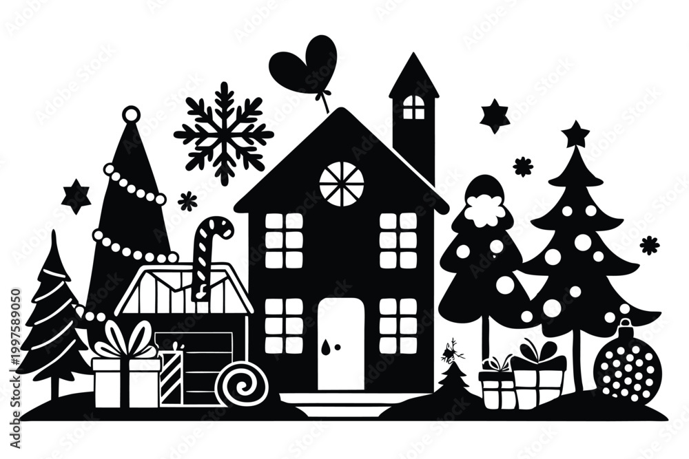 Fototapeta premium christmas winter and house silhouette line art vector illustration with a white background
