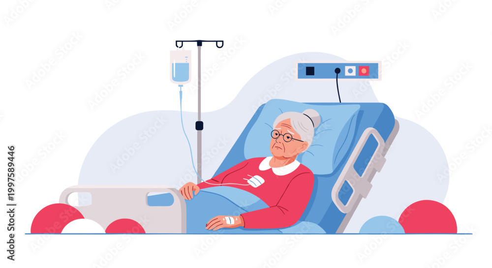 Obraz premium Senior woman lying in a hospital bed with an intravenous drip and monitoring equipment while receiving medical care and treatment.