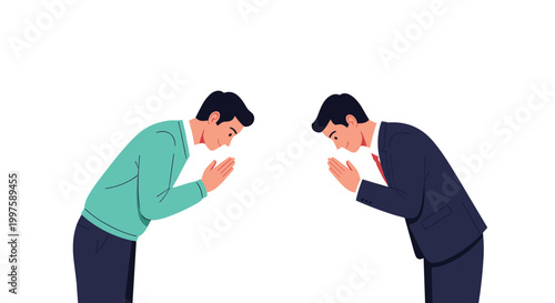 Professional businessmen bowing respectfully to each other in a traditional gesture of greeting and mutual respect in a corporate setting.