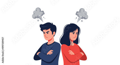 Angry couple standing back to back with steam coming out of their ears representing a heated argument or relationship conflict.