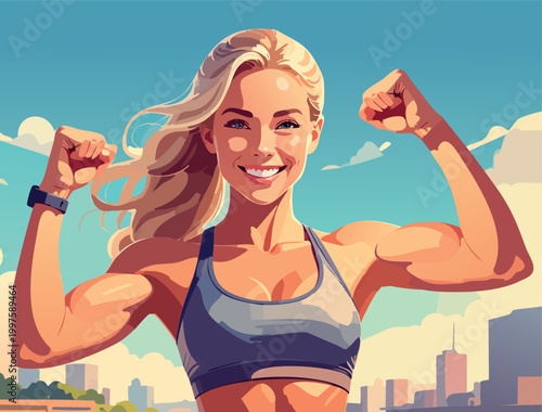 A happy muscular woman flexing her biceps with a wide smile. Strong blonde fitness model in a sports top with smartwatches on wrist against a bright sky and city view. Flat vector.