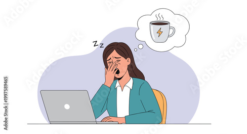 Exhausted female office worker yawning at her laptop desk while dreaming about a hot cup of coffee to boost her energy levels.