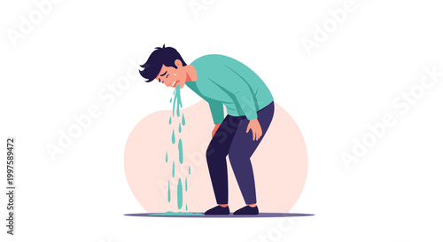 Young man bending over and vomiting uncontrollably representing symptoms of food poisoning or excessive alcohol consumption.