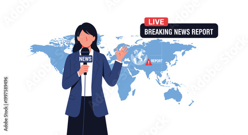Professional female news reporter holding a microphone and gesturing in front of a digital world map during a live breaking news report.