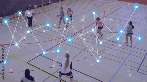 Volleyball team training starting from left serve, passing ball, attacking, overlay tracking joints