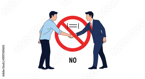 Two men in professional clothing attempting to shake hands while a red prohibited sign indicates social distancing rules and no contact.