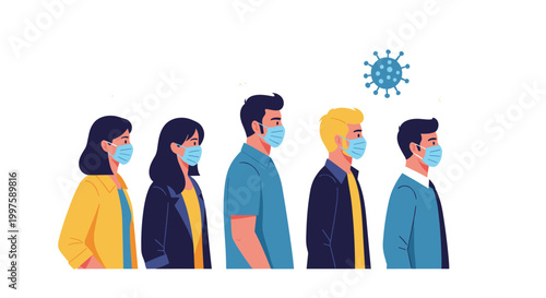 Group of people standing in a line wearing protective face masks to stay safe from a floating virus particle during a global pandemic.