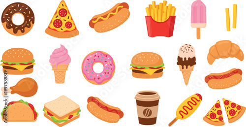 Colorful fast food and dessert icons collection with burger pizza donut fries ice cream hot dog coffee and snacks isolated on light background vector illustration