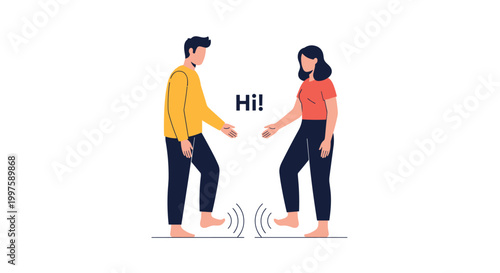 Man and woman greeting each other by touching feet instead of hands to maintain social distance and prevent the spread of a virus.