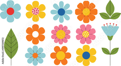 Colorful simple flowers and leaves collection with cute floral shapes, flat cartoon botanical elements set isolated on light background vector illustration