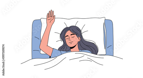 Young woman waking up in her bed with a smile and stretching her arm after a good night of restful sleep in a peaceful bedroom.
