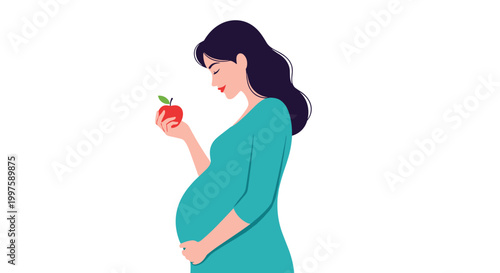 Beautiful pregnant woman smiling while holding a fresh red apple representing healthy nutrition and wellness during pregnancy.