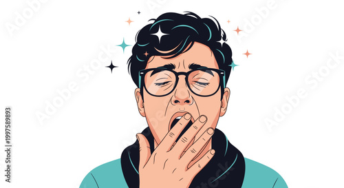 Tired young man with glasses yawning and closing his eyes while colorful stars around his head represent fatigue and sleepiness.