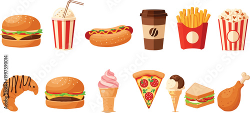 Fast food and snacks collection with burger soda hot dog fries popcorn pizza ice cream and sandwich, colorful takeaway menu vector illustration