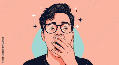 Tired man with glasses yawning and covering his mouth while feeling sleepy and exhausted against a pink and teal background with stars.