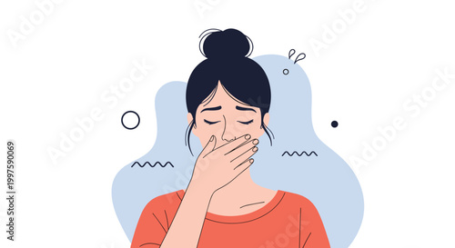 Young woman with hair in a bun yawning and covering her mouth with her hand feeling tired and sleepy in a clean flat illustration style.