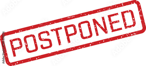 Red rubber stamp with the word 'postponed' in bold white letters