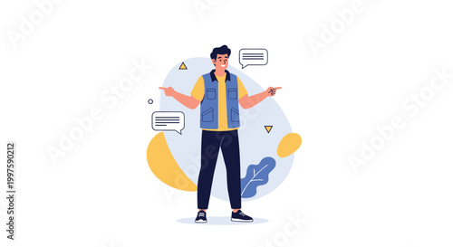 Young man standing and pointing in two different directions while making a difficult decision between options in a flat illustration style.