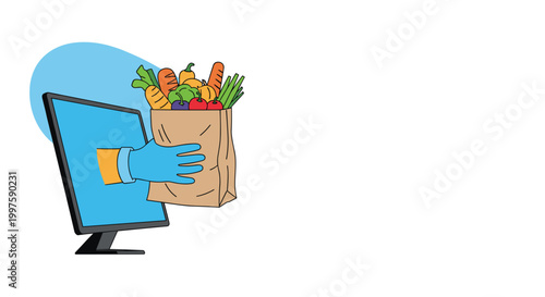 Hand wearing a glove coming out of a computer monitor holding a bag of fresh vegetables for online grocery shopping and home delivery services.