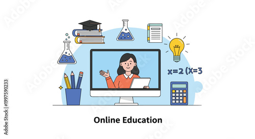 Comprehensive online education concept showing a teacher on a computer screen surrounded by books, scientific flasks, a calculator, and school supplies.