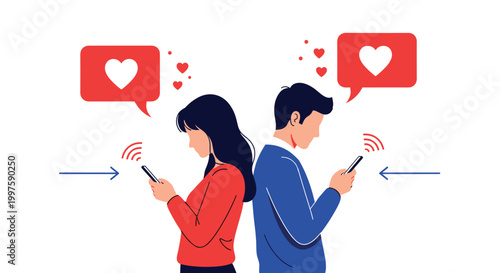 Young couple standing back to back while engrossed in their smartphones representing digital addiction and lack of real communication.