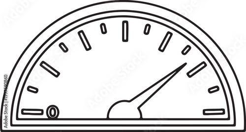Speedometer gauge showing measurement progress with needle pointer and tick marks on isolated white background for automotive dashboard display design.