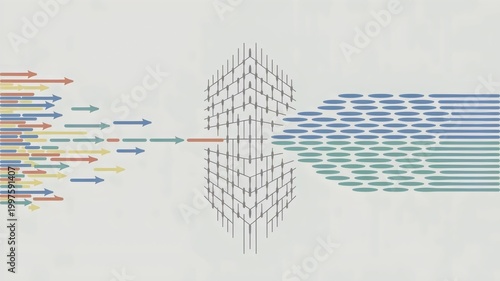 Arrows passing through hexagonal mesh filter – Ideal for data refinement, quality control, or resource management content.