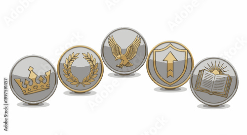 Collection of Circular Achievement Badges with Symbolic Icons