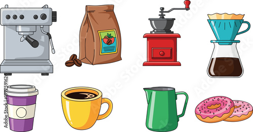 Coffee Brewing Equipment Including Espresso Machine, Coffee Grinder, French Press, Coffee Cups, and Donuts for Coffee Lovers and Café Designs