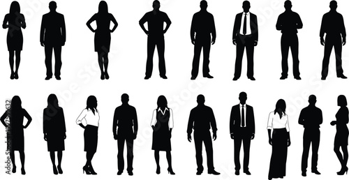 Business people silhouette collection with male and female office workers, professional standing poses isolated on white background vector set