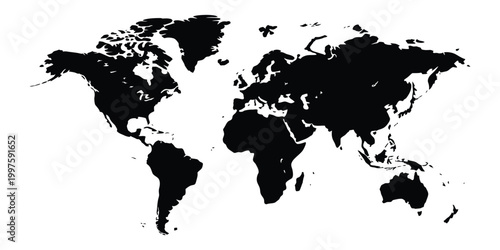 Black abstract polygon world map design, showing all continents in a clean solid silhouette, isolated on a transparent background, suitable for creative global concepts