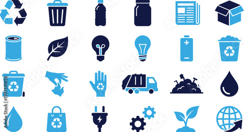 Recycle symbols and garbage bins for eco friendly waste management and sustainability concept.