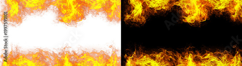 PNG image of Intense vibrant orange and yellow flames with glowing embers on transparent background