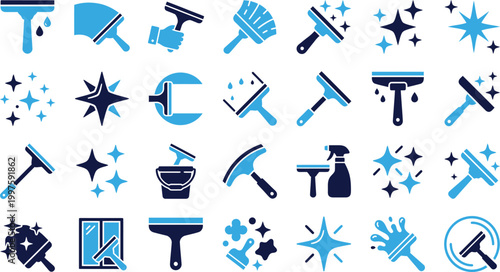 Blue and white icons for window cleaning tools and sparkling effects for cleanliness.