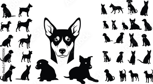 Dog silhouette collection with various breeds, sitting and standing poses, puppy shapes and pet icons isolated on white background