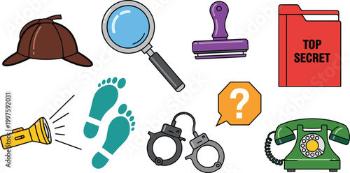 Detective and Investigation Tools Including Magnifying Glass, Handcuffs, Flashlight, Footprints, Top Secret File, and Telephone for Mystery and Crime Scenes