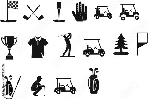 Golf icons silhouette set with clubs, cart, trophy and player elements, sport equipment collection isolated on white background vector