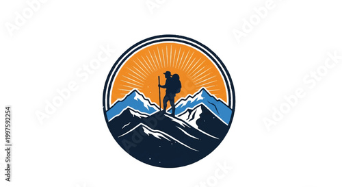 Mountain climber silhouette in circular emblem with peaks and sunlight