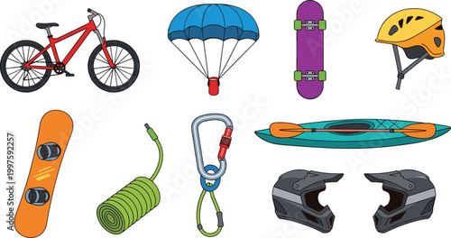 Extreme Sports Equipment Including Bicycle, Parachute, Skateboard, Helmet, Kayak, Snowboard, Carabiner, and Climbing Rope for Adventure and Outdoor Activities