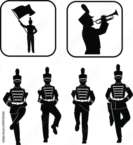 Marching band silhouette set with flag bearer and trumpet player, military parade musicians isolated on white background vector illustration