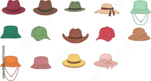 Hat collection illustration with various styles including fedora, bucket and sun hats, fashion accessories isolated on white background vector set