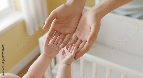 Close up of mother holding baby hands over white crib in nursery with childhood, protection